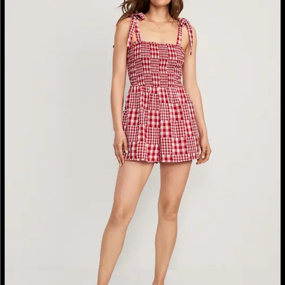 Red Gingham Checked Shoulder Tie Strap High Waisted Summer Romper